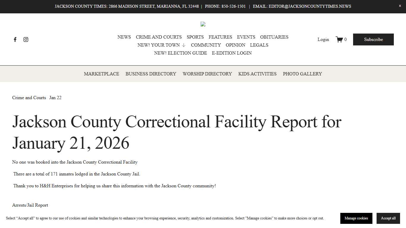 Jackson County Correctional Facility Report for January 21, 2026 — Jackson County Times